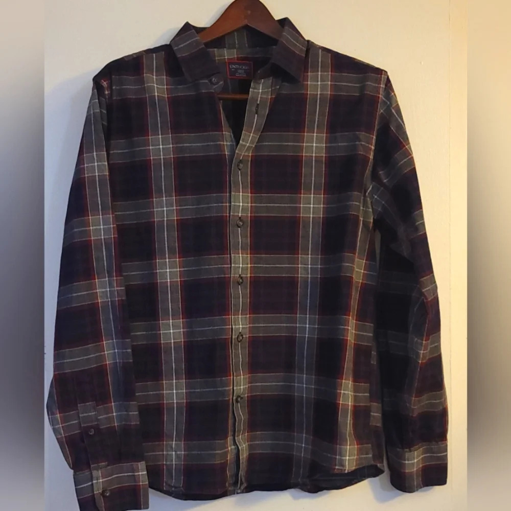UNTUCKit Alentejo Button Down Shirt Men’s Large Slim Fit Maroon and Navy Plaid - Picture 2 of 12
